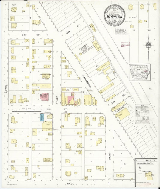 Sanborn Fire Insurance Map from Mount Auburn, Benton County, Iowa (1913), Sheet #0001 - Historic Sanborn Fire Insurance Map Print, vintage old map wall art