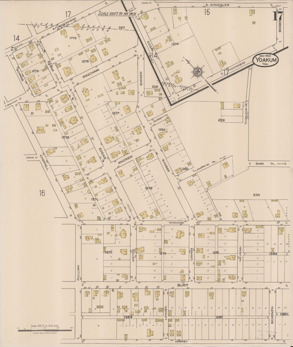 Sanborn Fire Insurance Map from Yoakum, De Witt And Lavaca Counties, Texas (1922), Sheet #0017 - Historic Sanborn Fire Insurance Map Print, vintage old map wall art, antique decor, genealogy gift, Texas Texas map