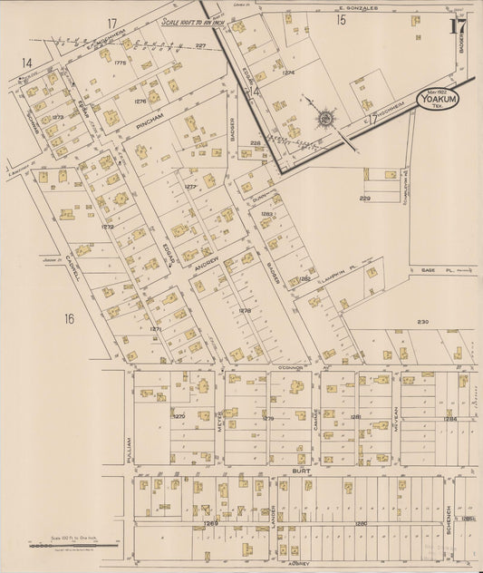Sanborn Fire Insurance Map from Yoakum, De Witt And Lavaca Counties, Texas (1922), Sheet #0017 - Historic Sanborn Fire Insurance Map Print, vintage old map wall art, antique decor, genealogy gift, Texas Texas map