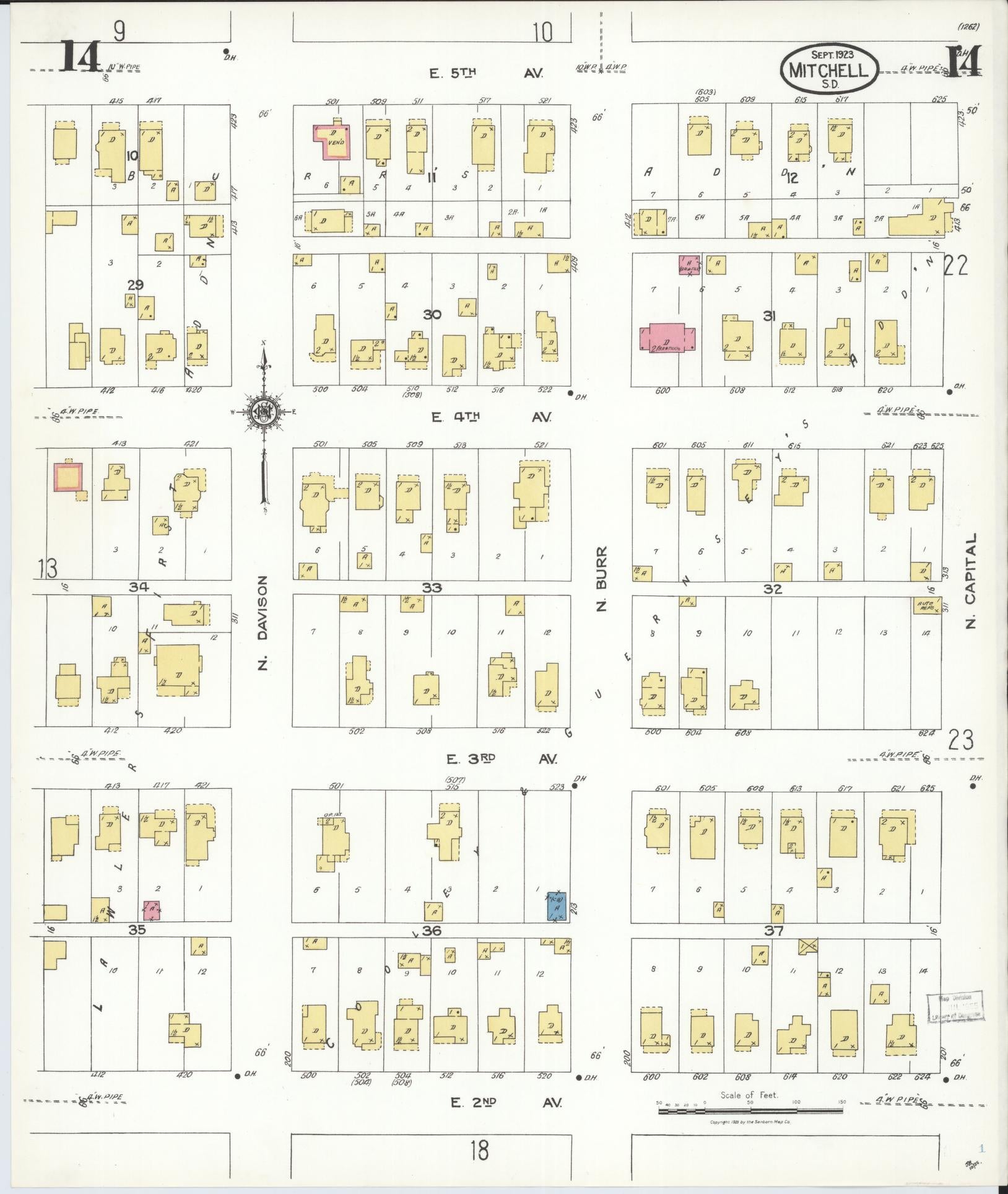 Sanborn Fire Insurance Map from Mitchell, Davison County, South Dakota (1923), Sheet #0014 - Complete Map Set gallery image, historic Sanborn map, vintage wall art, South Dakota South Dakota