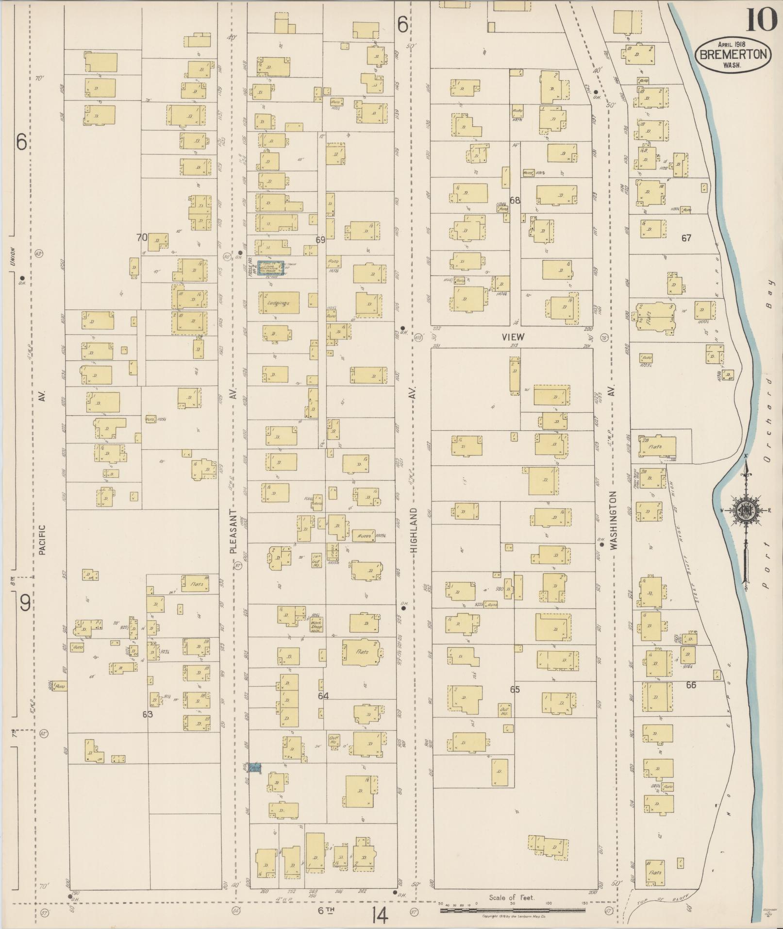 Sanborn Fire Insurance Map from Bremerton, Kitsap County, Washington (1918), Sheet #0010 - Complete Map Set gallery image, historic Sanborn map, vintage wall art, Washington Washington