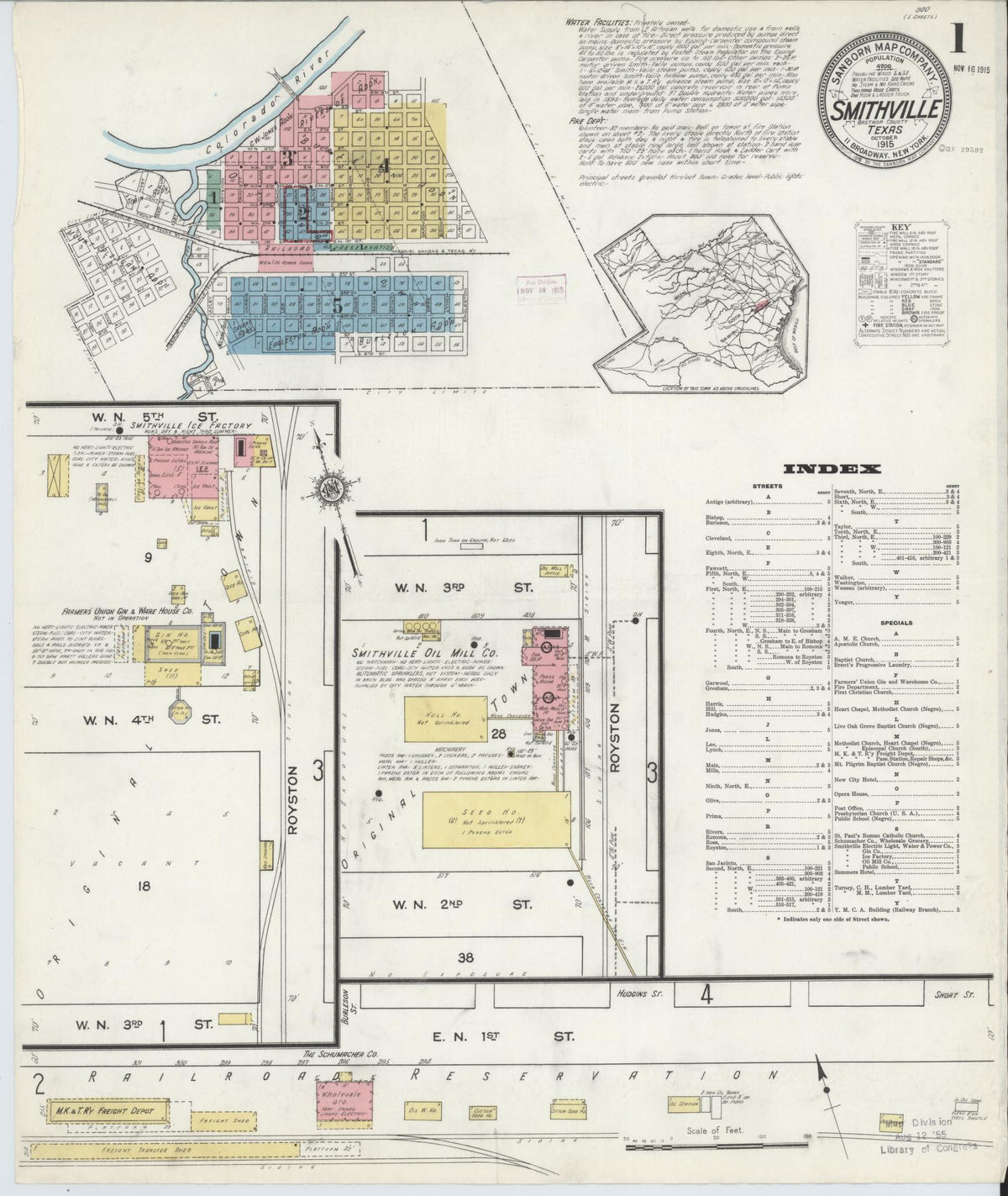 Sanborn Fire Insurance Map from Smithville, Bastrop County, Texas (1915), Sheet #0001 - Complete Map Set gallery image, historic Sanborn map, vintage wall art, Texas Texas