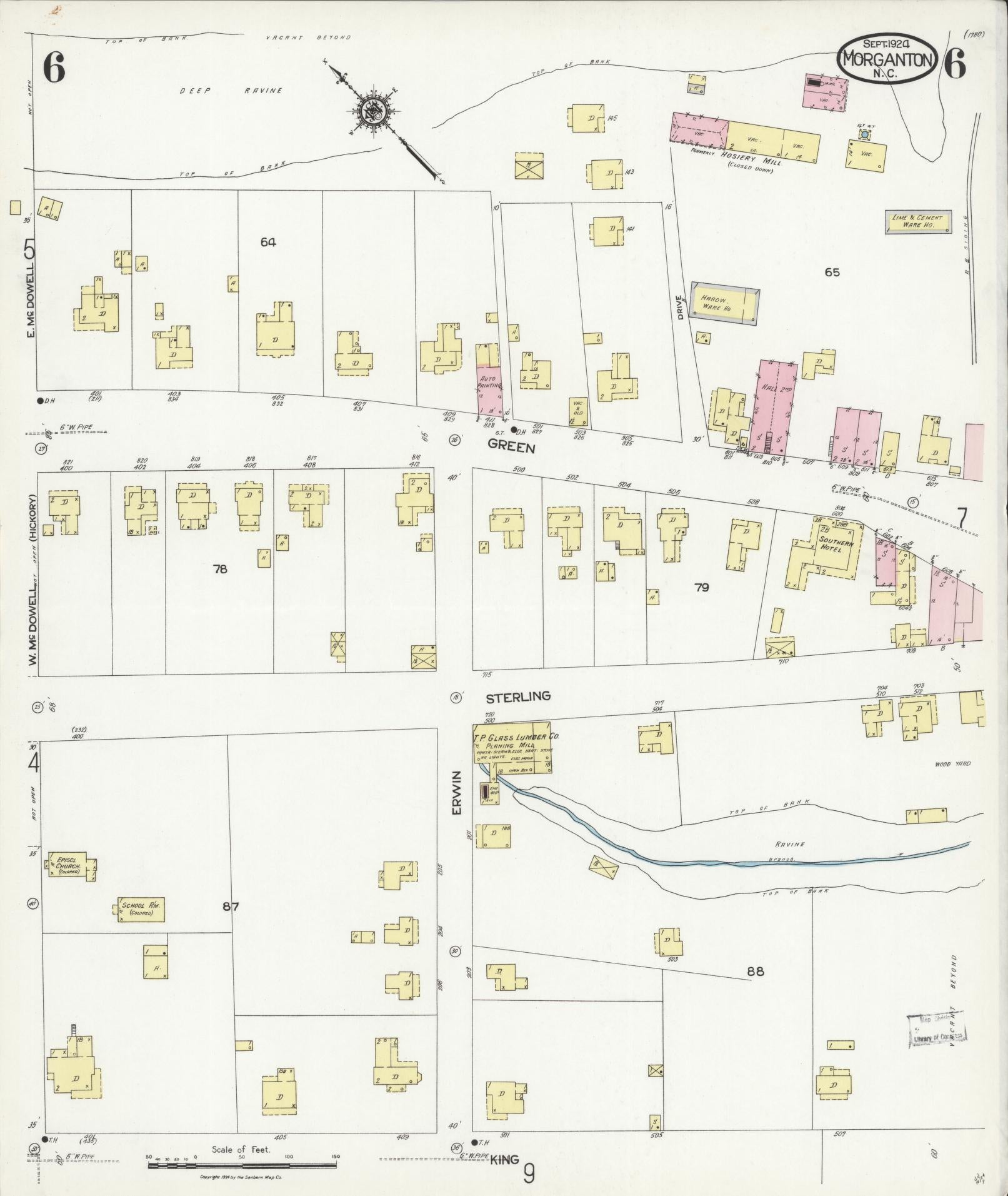 Sanborn Fire Insurance Map from Morganton, Burke County, North Carolina (1924), Sheet #0006 - Historic Sanborn Fire Insurance Map Print, vintage old map wall art, antique decor, genealogy gift, North Carolina North Carolina map