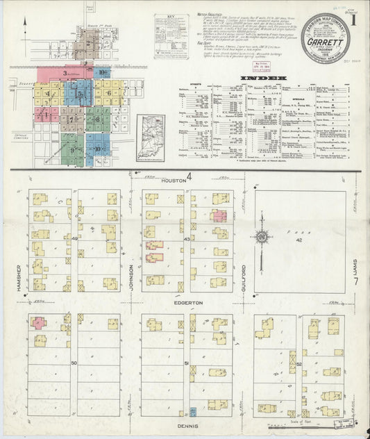 Sanborn Fire Insurance Map from Garrett, De Kalb County, Indiana (1914), Sheet #0001 - Historic Sanborn Fire Insurance Map Print, vintage old map wall art, antique decor, genealogy gift, Indiana Indiana map