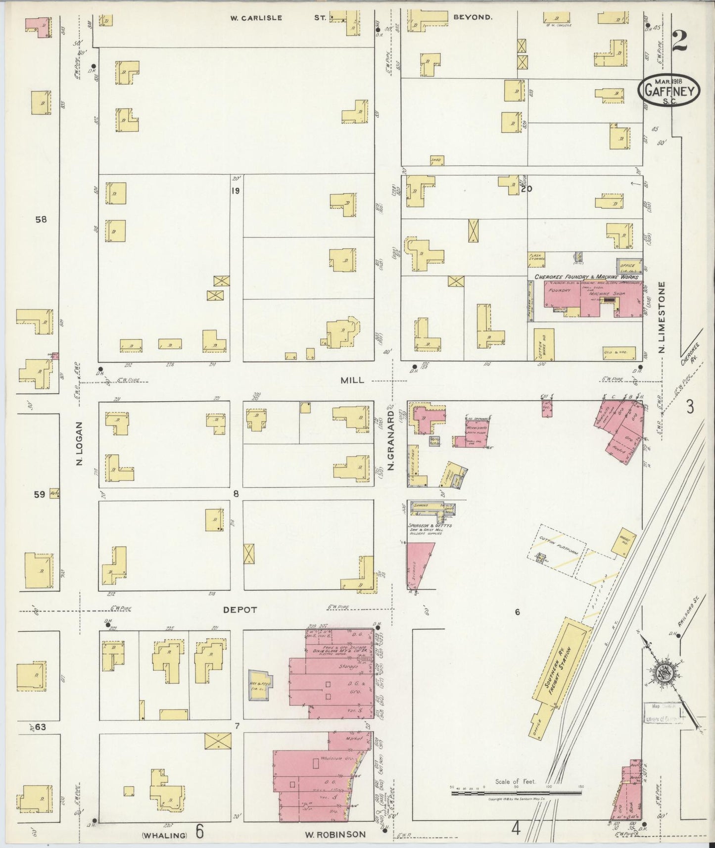 Sanborn Fire Insurance Map from Gaffney, Cherokee County, South Carolina (1918), Sheet #0002 - Historic Sanborn Fire Insurance Map Print, vintage old map wall art, antique decor, genealogy gift, South Carolina South Carolina map