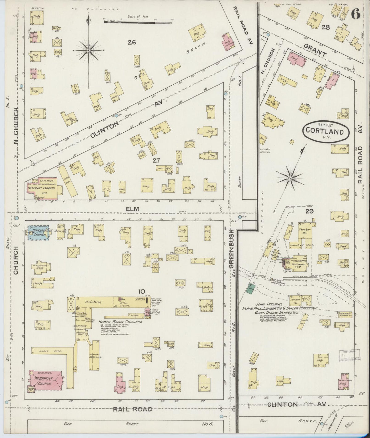 Sanborn Fire Insurance Map from Cortland, Cortland County, New York (1887), Sheet #0006 - Historic Sanborn Fire Insurance Map Print, vintage old map wall art, antique decor, genealogy gift, New York New York map
