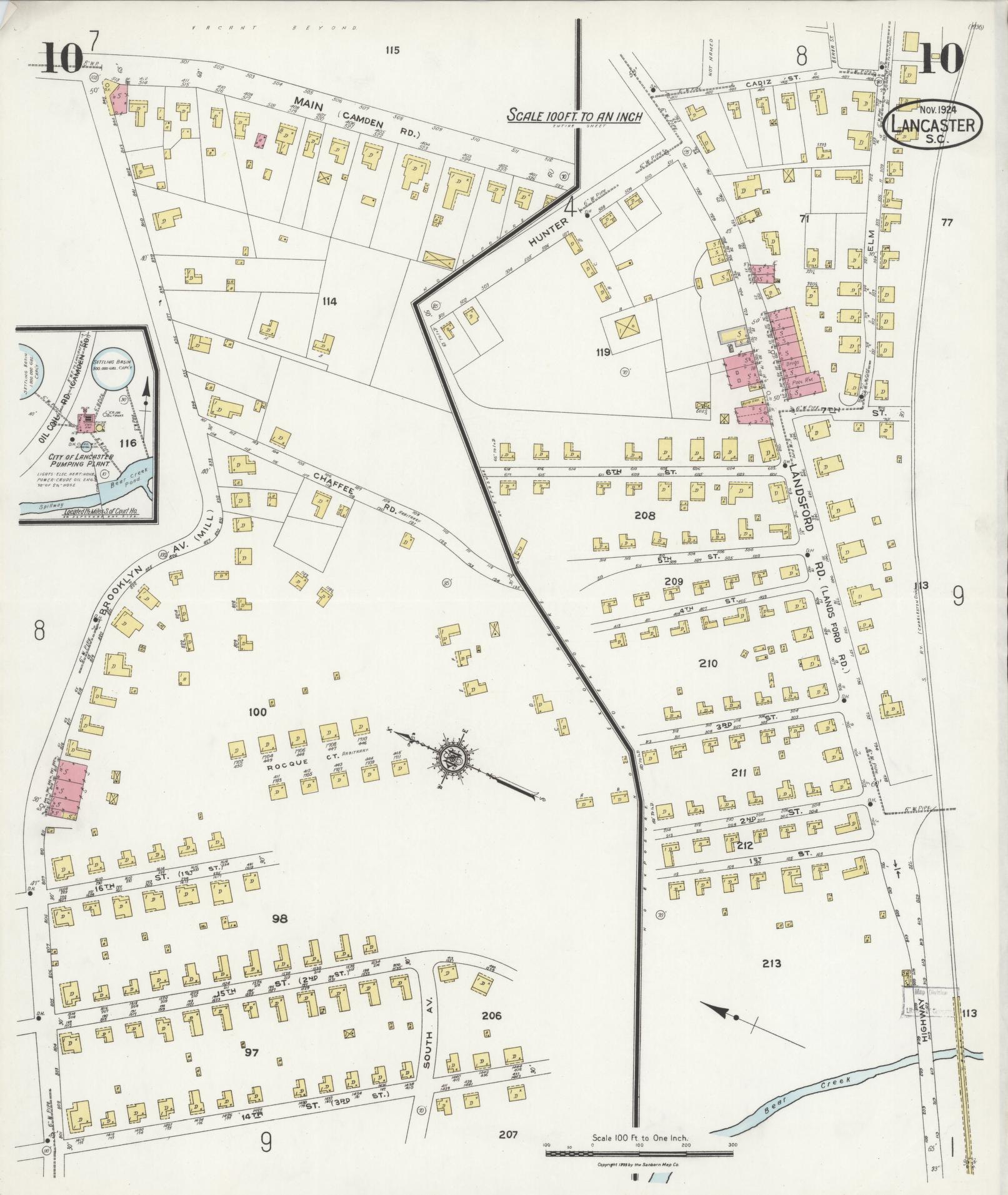 Sanborn Fire Insurance Map from Lancaster, Lancaster County, South Carolina (1924), Sheet #0010 - Historic Sanborn Fire Insurance Map Print, vintage old map wall art, antique decor, genealogy gift, South Carolina South Carolina map