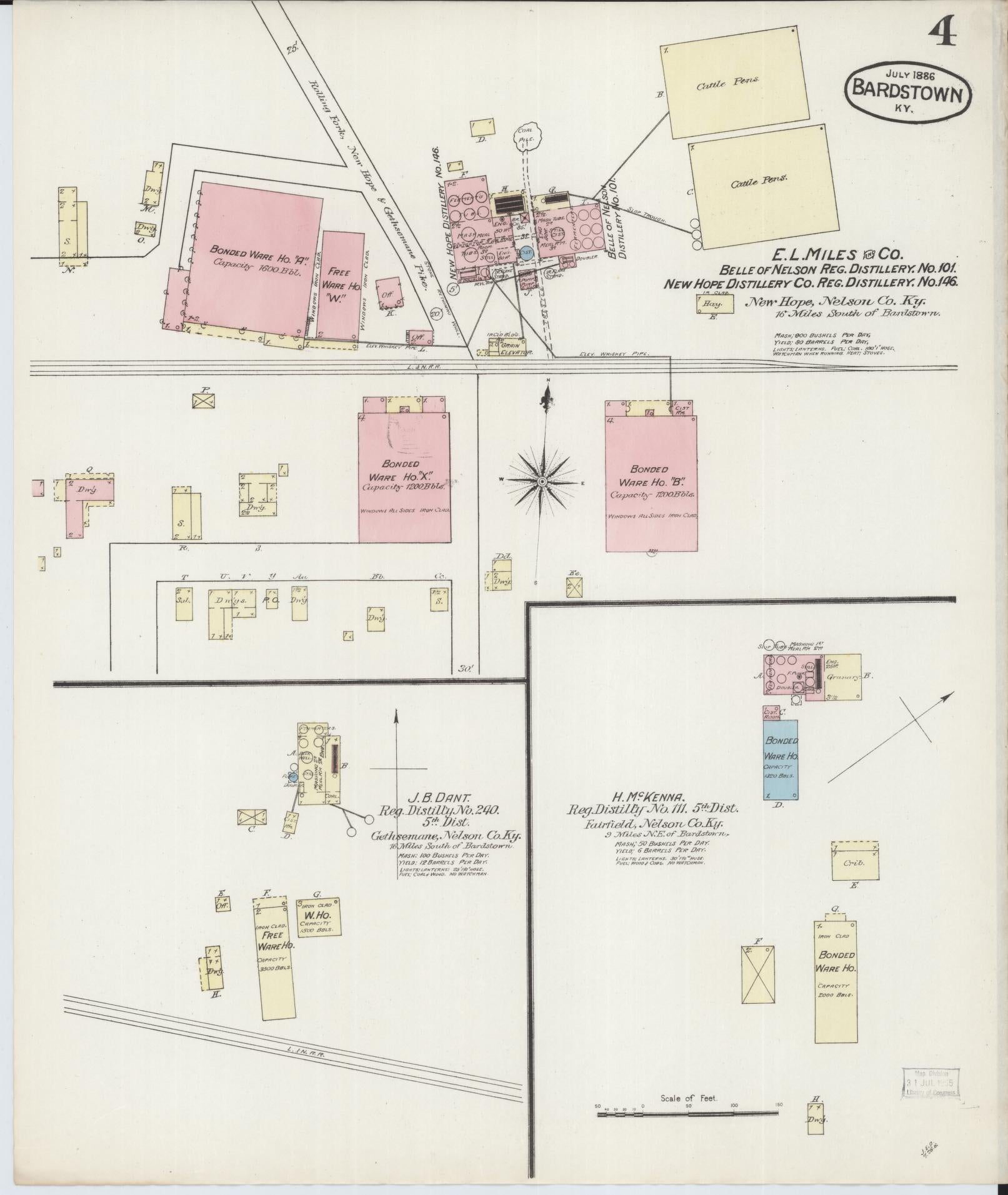 Sanborn Fire Insurance Map from Bardstown, Nelson County, Kentucky (1886), Sheet #0004 - Historic Sanborn Fire Insurance Map Print, vintage old map wall art, antique decor, genealogy gift, Kentucky Kentucky map
