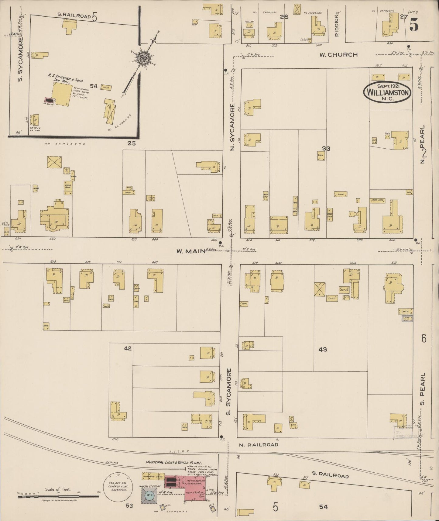 Sanborn Fire Insurance Map from Williamston, Martin County, North Carolina (1921), Sheet #0005 - Complete Map Set gallery image, historic Sanborn map, vintage wall art, North Carolina North Carolina