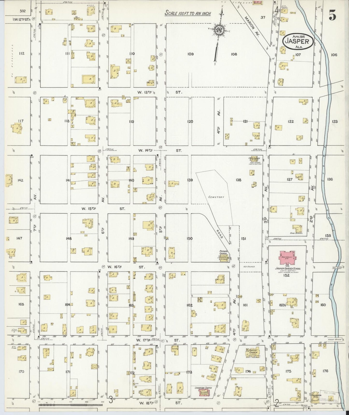 Sanborn Fire Insurance Map from Jasper, Walker County, Alabama (1916), Sheet #0005 - Complete Map Set gallery image, historic Sanborn map, vintage wall art, Alabama Alabama