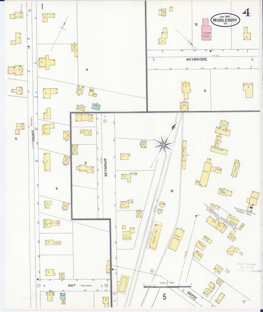 Sanborn Fire Insurance Map from Middlebury, Addison County, Vermont (1905), Sheet #0004 - Historic Sanborn Fire Insurance Map Print, vintage old map wall art, antique decor, genealogy gift, Vermont Vermont map
