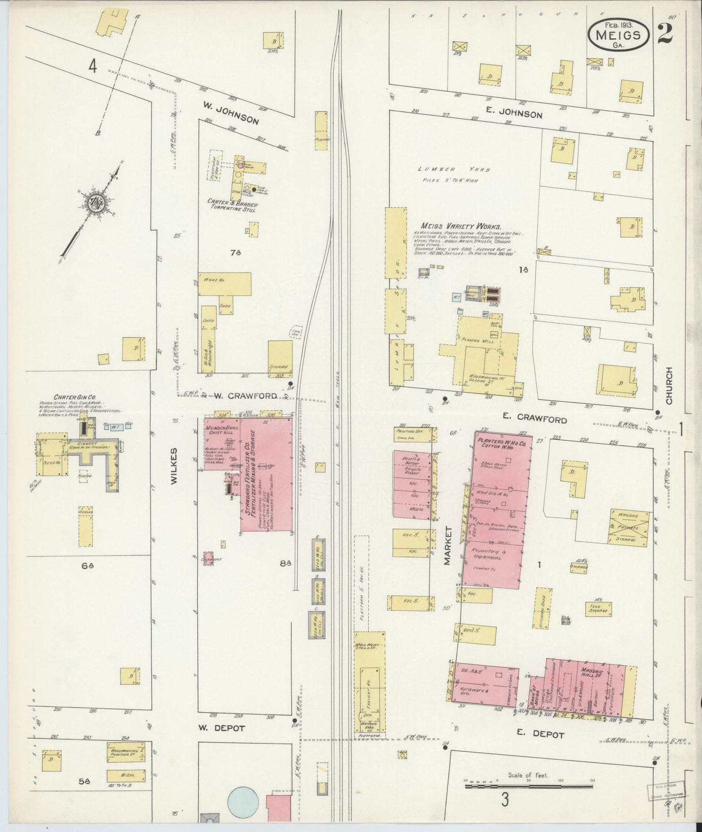 Sanborn Fire Insurance Map from Meigs, Thomas County, Georgia (1913), Sheet #0002 - Historic Sanborn Fire Insurance Map Print, vintage old map wall art, antique decor, genealogy gift, Georgia Georgia map