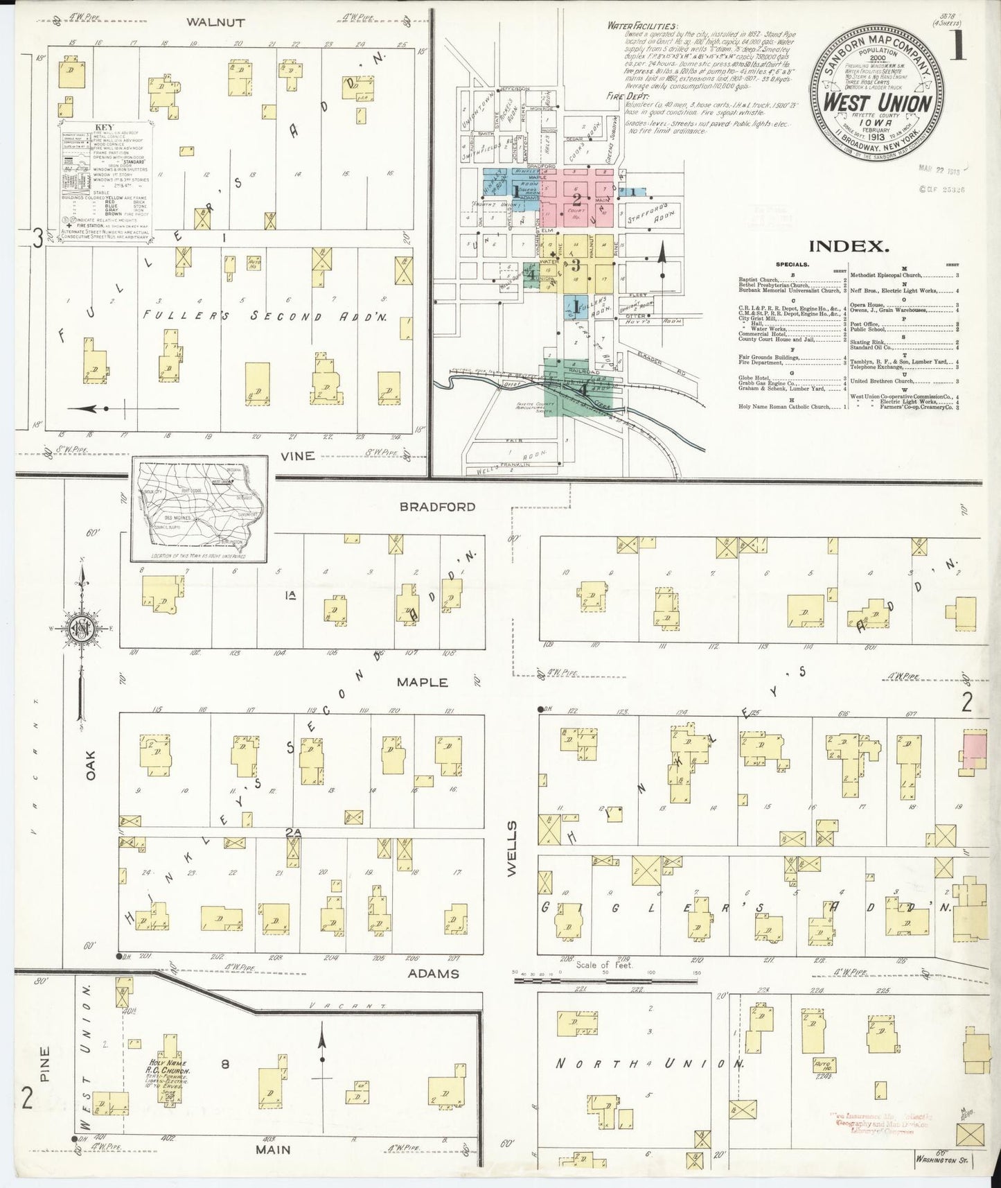 Sanborn Fire Insurance Map from West Union, Fayette County, Iowa (1913), Sheet #0001 - Historic Sanborn Fire Insurance Map Print, vintage old map wall art