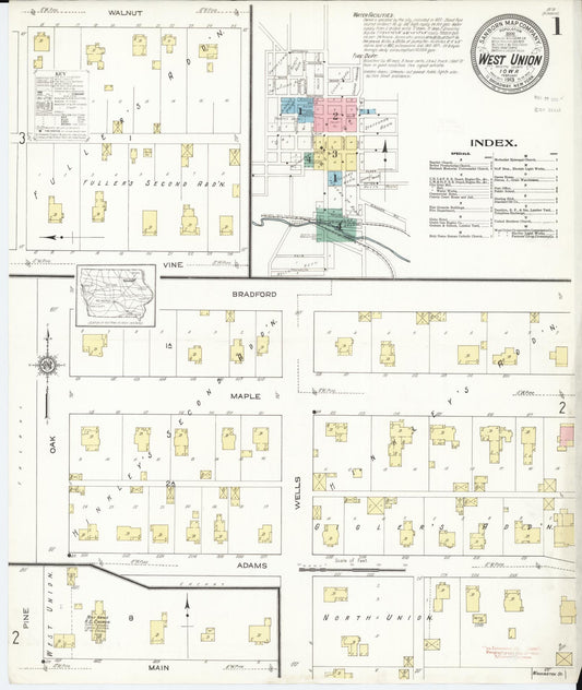 Sanborn Fire Insurance Map from West Union, Fayette County, Iowa (1913), Sheet #0001 - Historic Sanborn Fire Insurance Map Print, vintage old map wall art