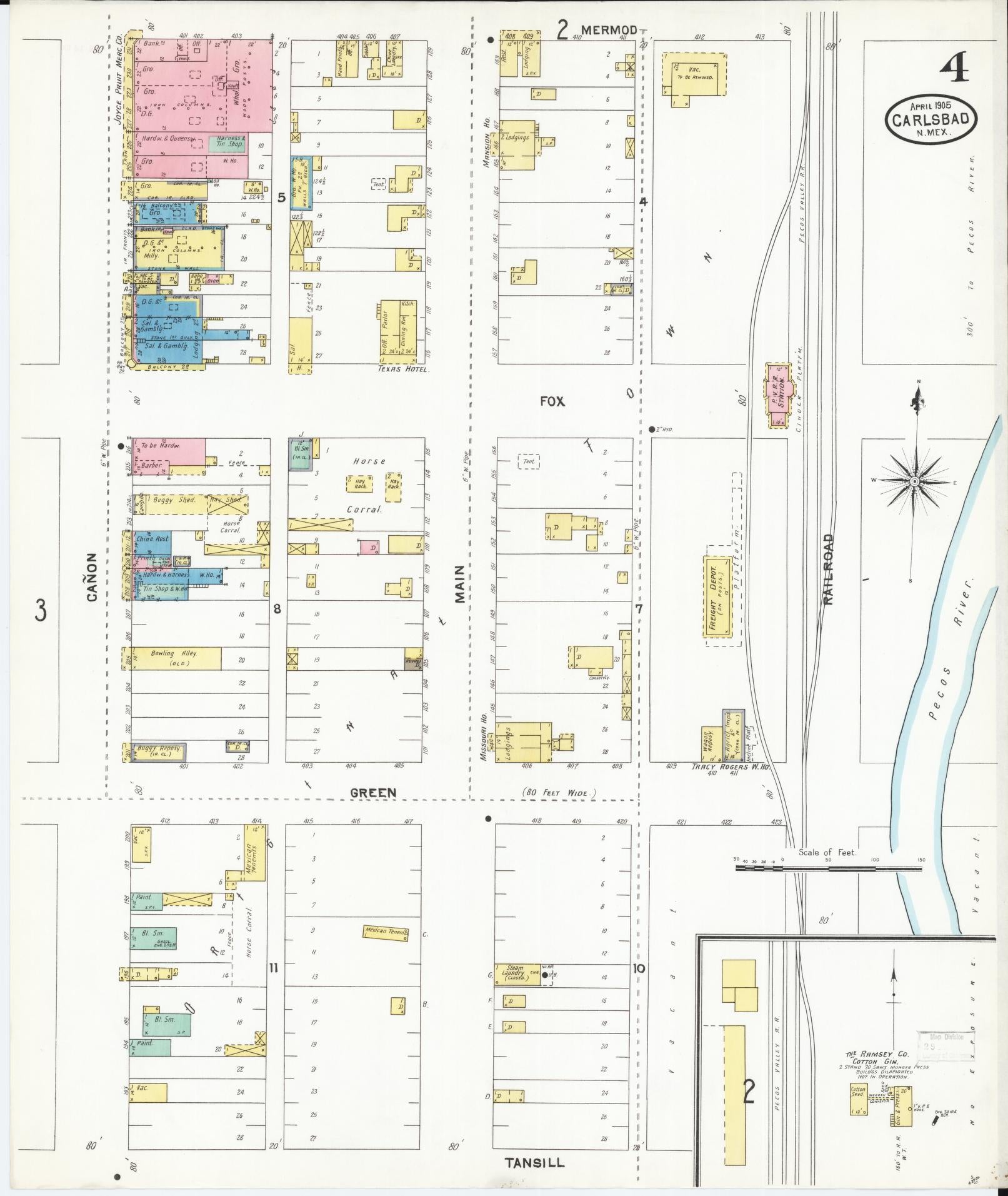 Sanborn Fire Insurance Map from Carlsbad, Eddy County, New Mexico (1905), Sheet #0004 - Complete Map Set gallery image, historic Sanborn map, vintage wall art, New Mexico New Mexico