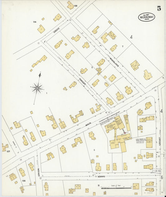 Sanborn Fire Insurance Map from Merrimac, Essex County, Massachusetts (1907), Sheet #0005 - Historic Sanborn Fire Insurance Map Print, vintage old map wall art, antique decor, genealogy gift, Massachusetts Massachusetts map