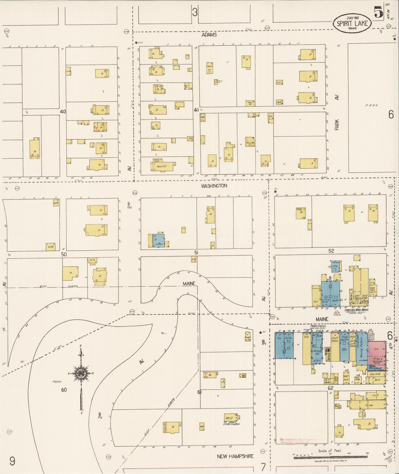 Sanborn Fire Insurance Map from Spirit Lake, Kootenai County, Idaho (1921), Sheet #0005 - Historic Sanborn Fire Insurance Map Print, vintage old map wall art, antique decor, genealogy gift, Idaho Idaho map