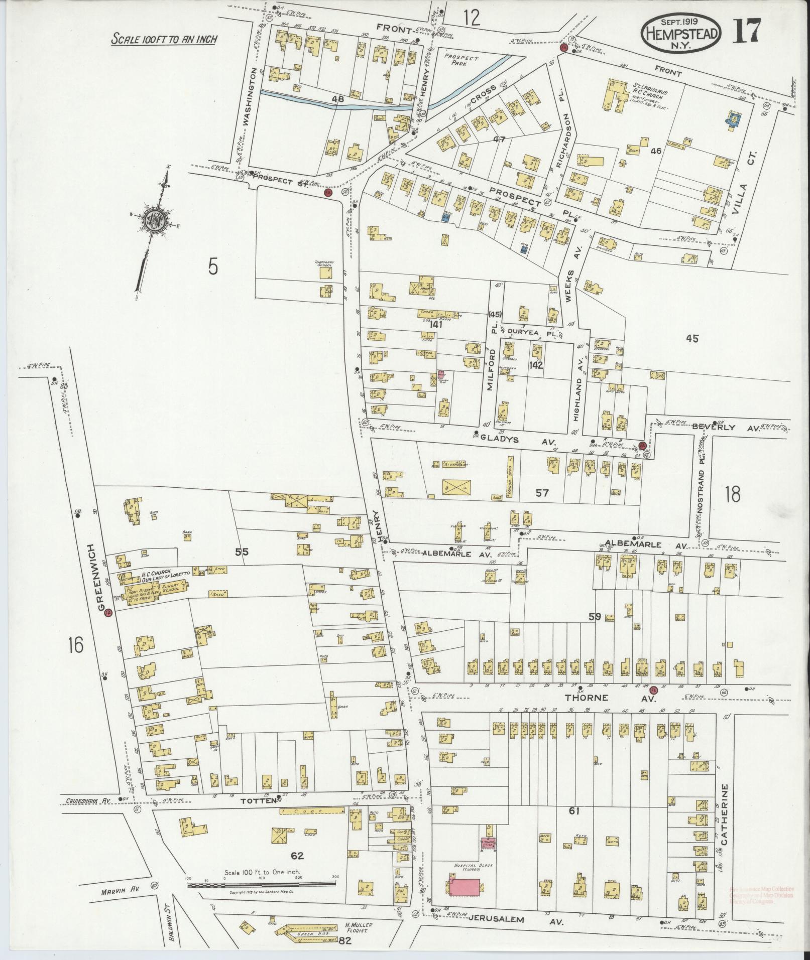 Sanborn Fire Insurance Map from Hempstead, Nassau County, New York (1919), Sheet #0017 - Historic Sanborn Fire Insurance Map Print, vintage old map wall art, antique decor, genealogy gift, New York New York map