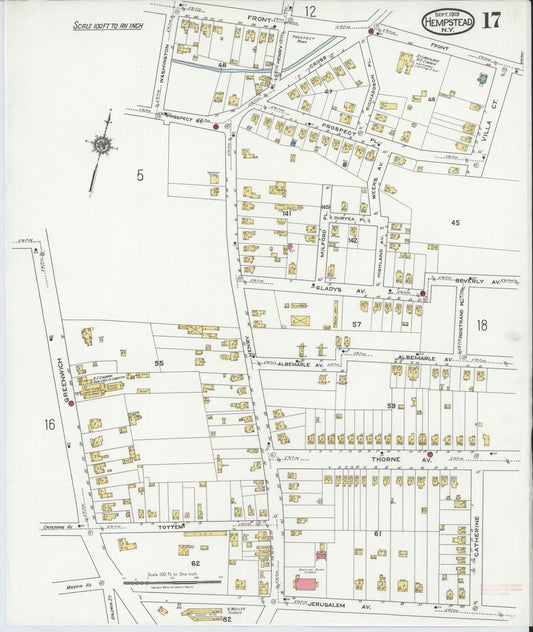 Sanborn Fire Insurance Map from Hempstead, Nassau County, New York (1919), Sheet #0017 - Historic Sanborn Fire Insurance Map Print, vintage old map wall art, antique decor, genealogy gift, New York New York map