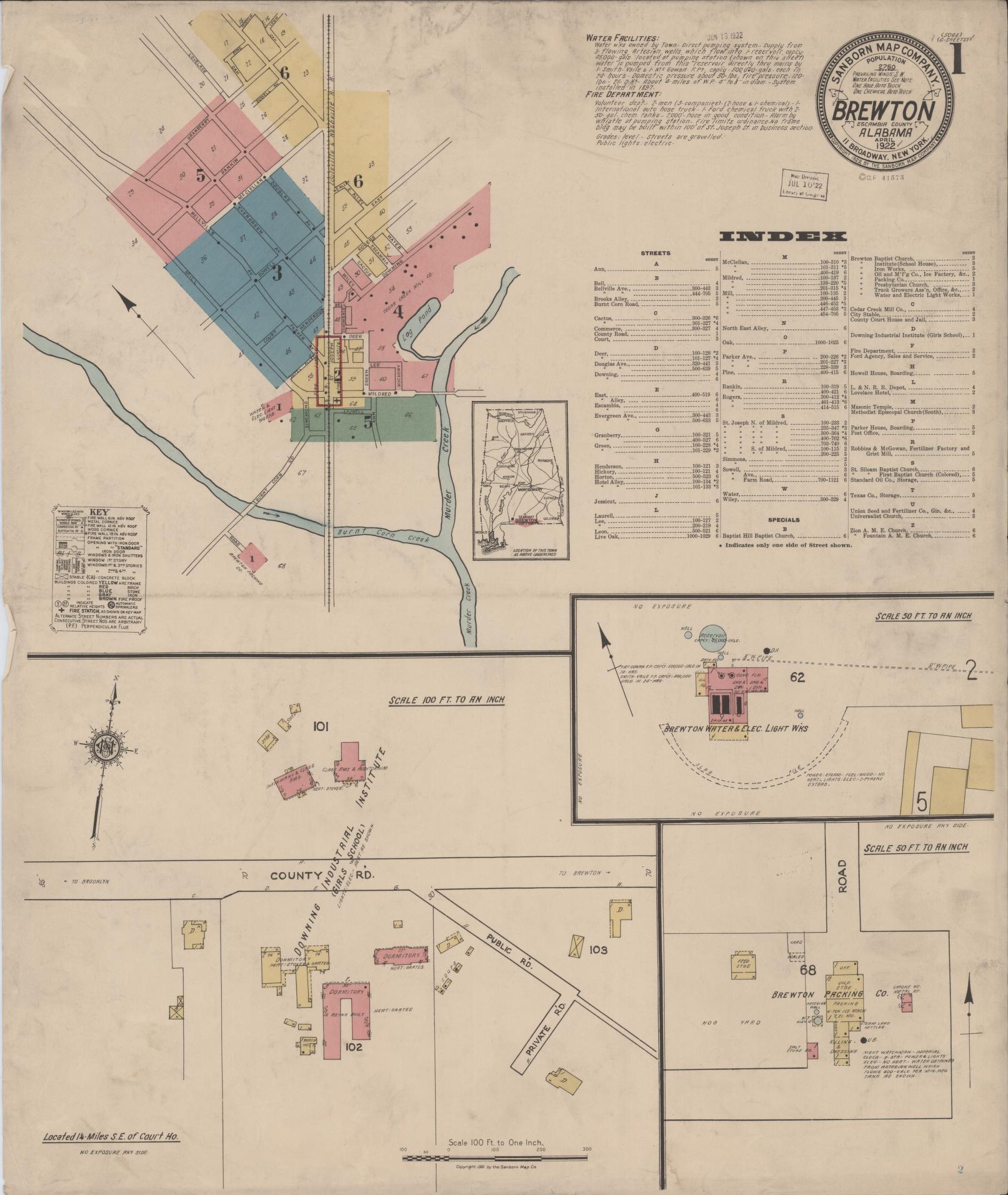 Sanborn Fire Insurance Map from Brewton, Escambia County, Alabama (1922), Sheet #0001 - Historic Sanborn Fire Insurance Map Print, vintage old map wall art, antique decor, genealogy gift, Alabama Alabama map