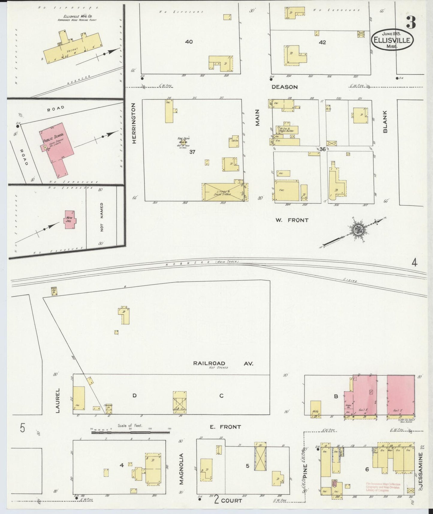 Sanborn Fire Insurance Map from Ellisville, Jones County, Mississippi (1915), Sheet #0003 - Historic Sanborn Fire Insurance Map Print, vintage old map wall art, antique decor, genealogy gift, Mississippi Mississippi map