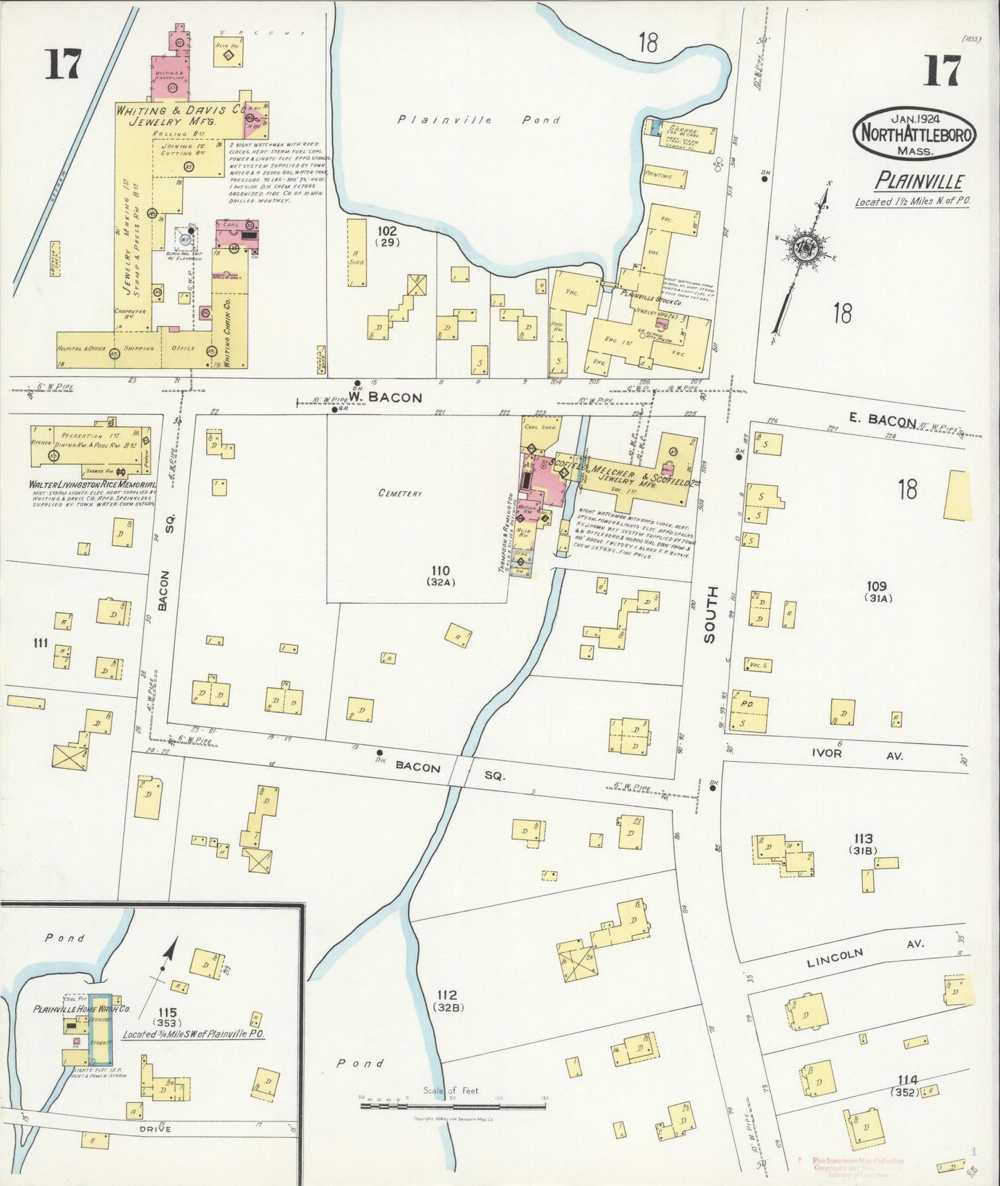 Sanborn Fire Insurance Map from North Attleborough, Bristol County, Massachusetts (1924), Sheet #0017 - Historic Sanborn Fire Insurance Map Print, vintage old map wall art, antique decor, genealogy gift, Massachusetts Massachusetts map