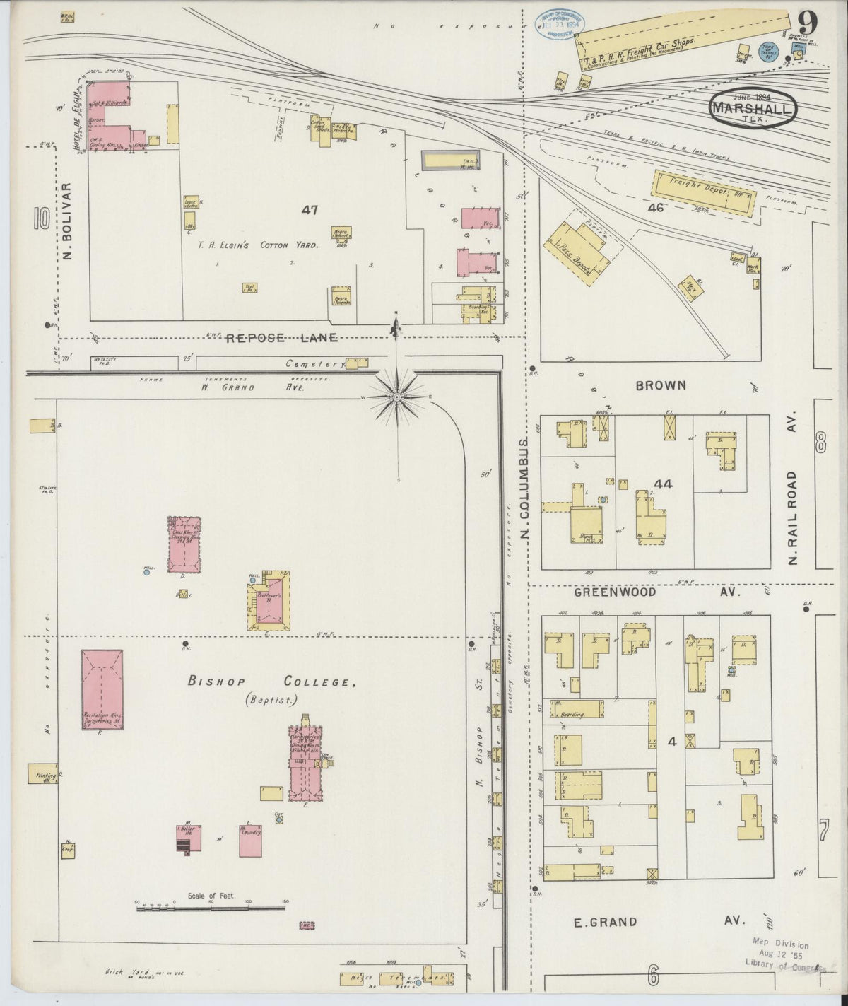 Sanborn Fire Insurance Map from Marshall, Harrison County, Texas (1894), Sheet #0009 - Historic Sanborn Fire Insurance Map Print, vintage old map wall art, antique decor, genealogy gift, Texas Texas map