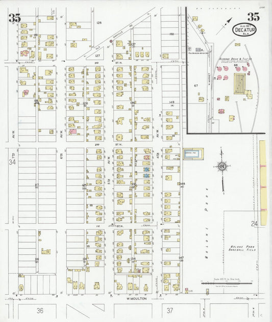 Sanborn Fire Insurance Map from Decatur, Morgan County, Alabama (1927), Sheet #0035 - Historic Sanborn Fire Insurance Map Print, vintage old map wall art, antique decor, genealogy gift, Alabama Alabama map