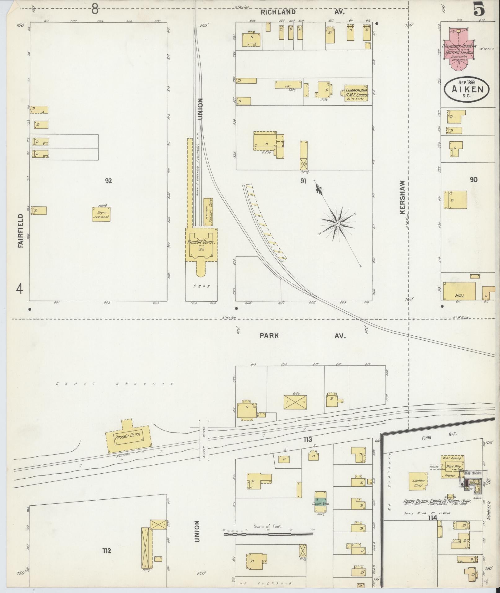 Sanborn Fire Insurance Map from Aiken, Aiken County, South Carolina (1899), Sheet #0005 - Complete Map Set gallery image, historic Sanborn map, vintage wall art, South Carolina South Carolina