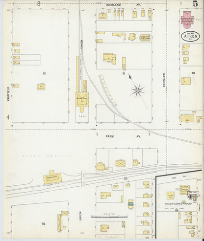 Sanborn Fire Insurance Map from Aiken, Aiken County, South Carolina (1899), Sheet #0005 - Complete Map Set gallery image, historic Sanborn map, vintage wall art, South Carolina South Carolina