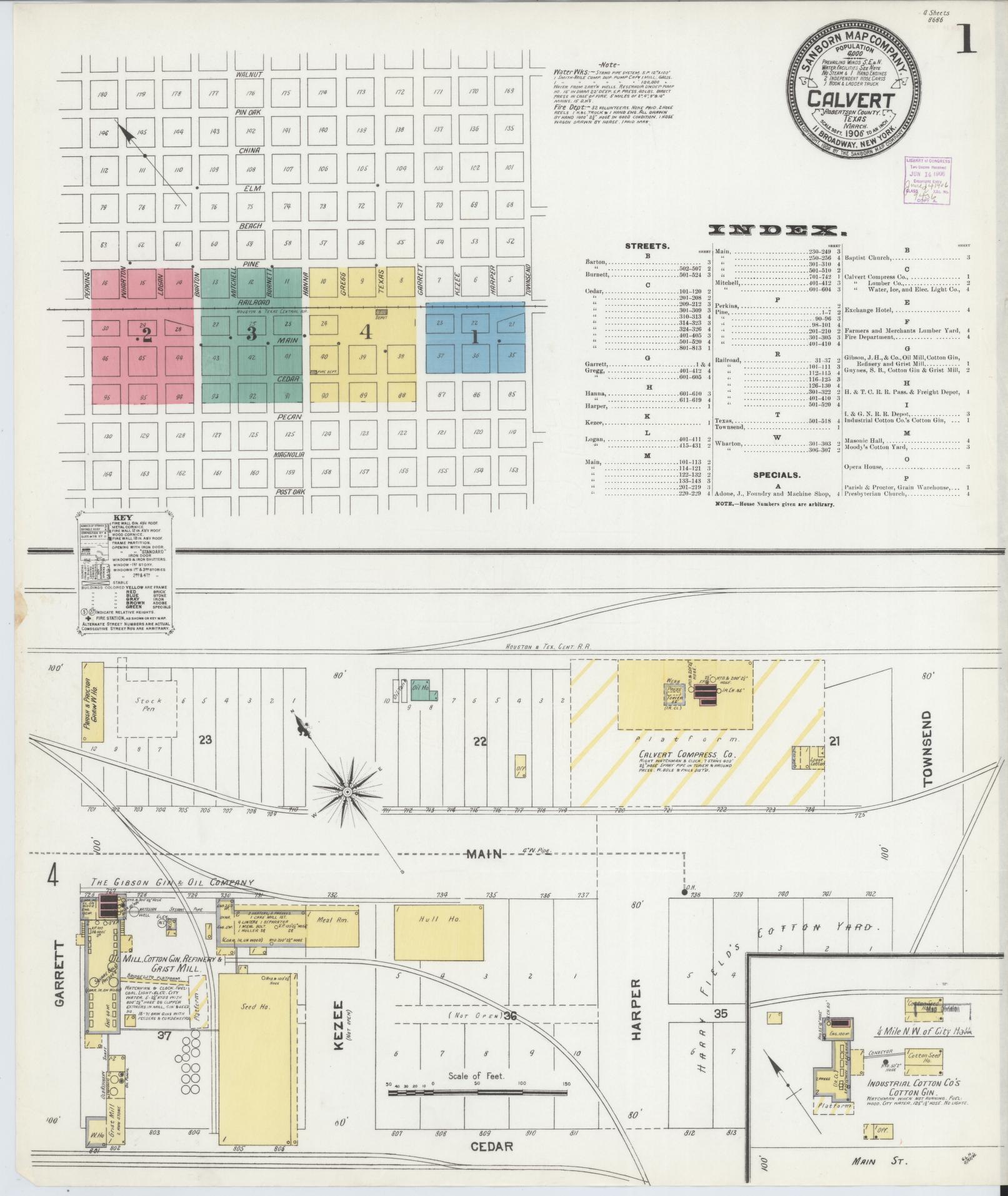 Sanborn Fire Insurance Map from Calvert, Robertson County, Texas (1906), Sheet #0001 - Historic Sanborn Fire Insurance Map Print, vintage old map wall art, antique decor, genealogy gift, Texas Texas map
