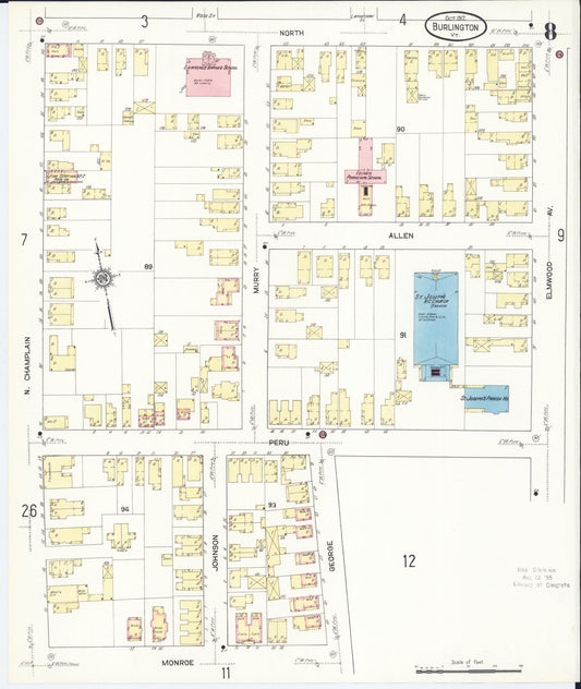 Sanborn Fire Insurance Map from Burlington, Chittenden County, Vermont (1912), Sheet #0008 - Historic Sanborn Fire Insurance Map Print, vintage old map wall art, antique decor, genealogy gift, Vermont Vermont map