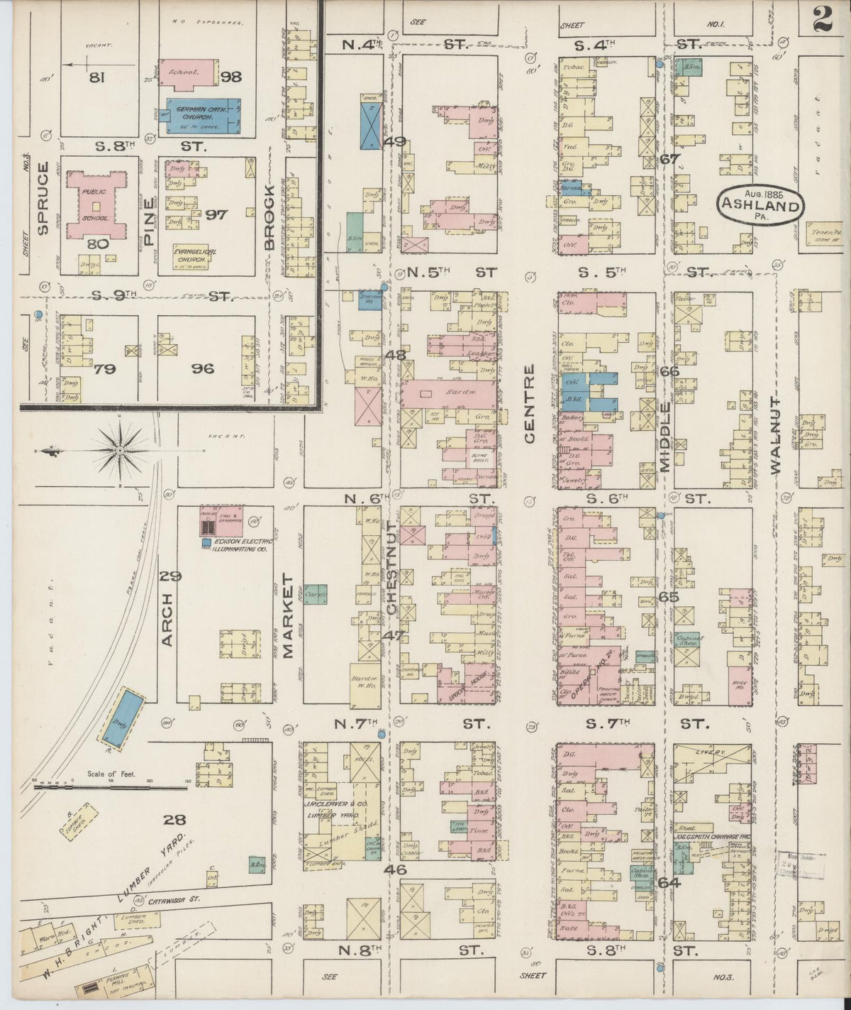 Sanborn Fire Insurance Map from Ashland, Schuylkill County, Pennsylvania (1885), Sheet #0002 - Complete Map Set gallery image, historic Sanborn map, vintage wall art, Pennsylvania Pennsylvania
