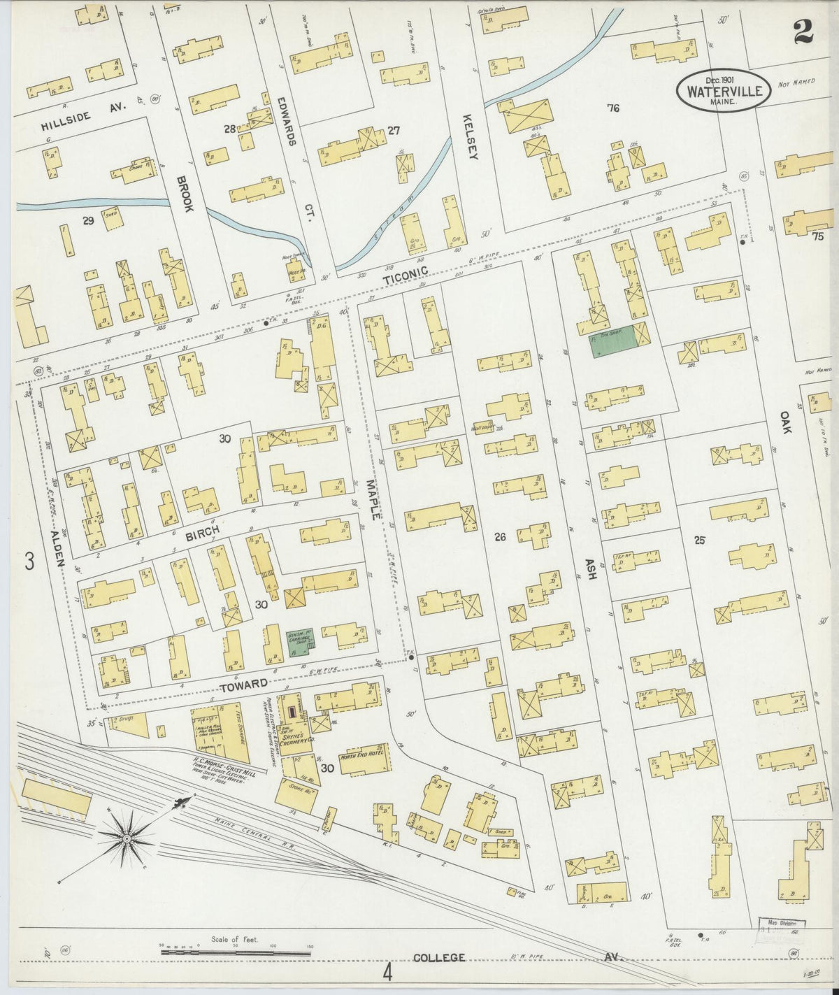 Sanborn Fire Insurance Map from Waterville, Kennebec County, Maine (1901), Sheet #0002 - Historic Sanborn Fire Insurance Map Print, vintage old map wall art, antique decor, genealogy gift, Maine Maine map