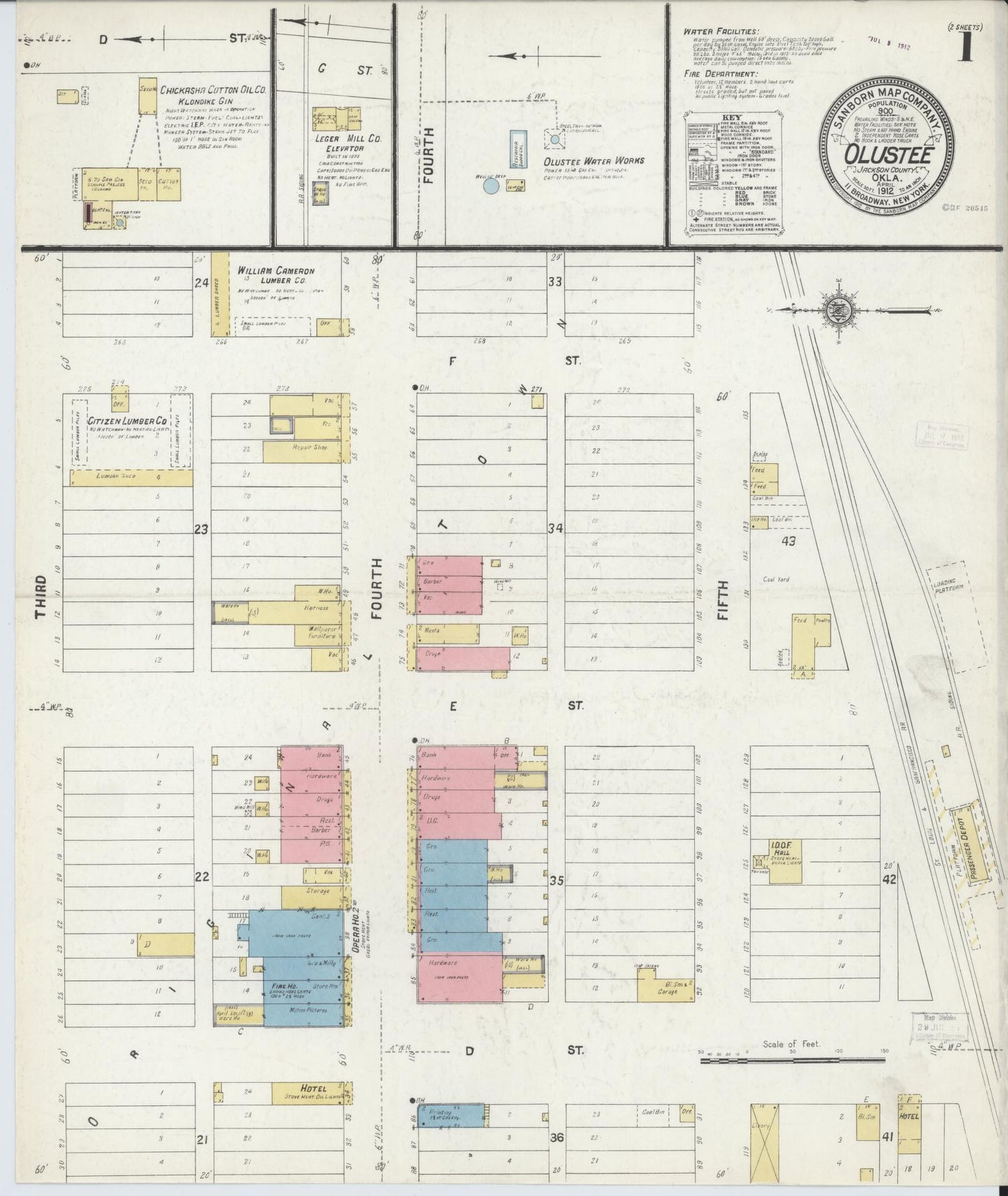 Sanborn Fire Insurance Map from Olustee, Jackson County, Oklahoma (1912), Sheet #0001 - Complete Map Set gallery image, historic Sanborn map, vintage wall art, Oklahoma Oklahoma