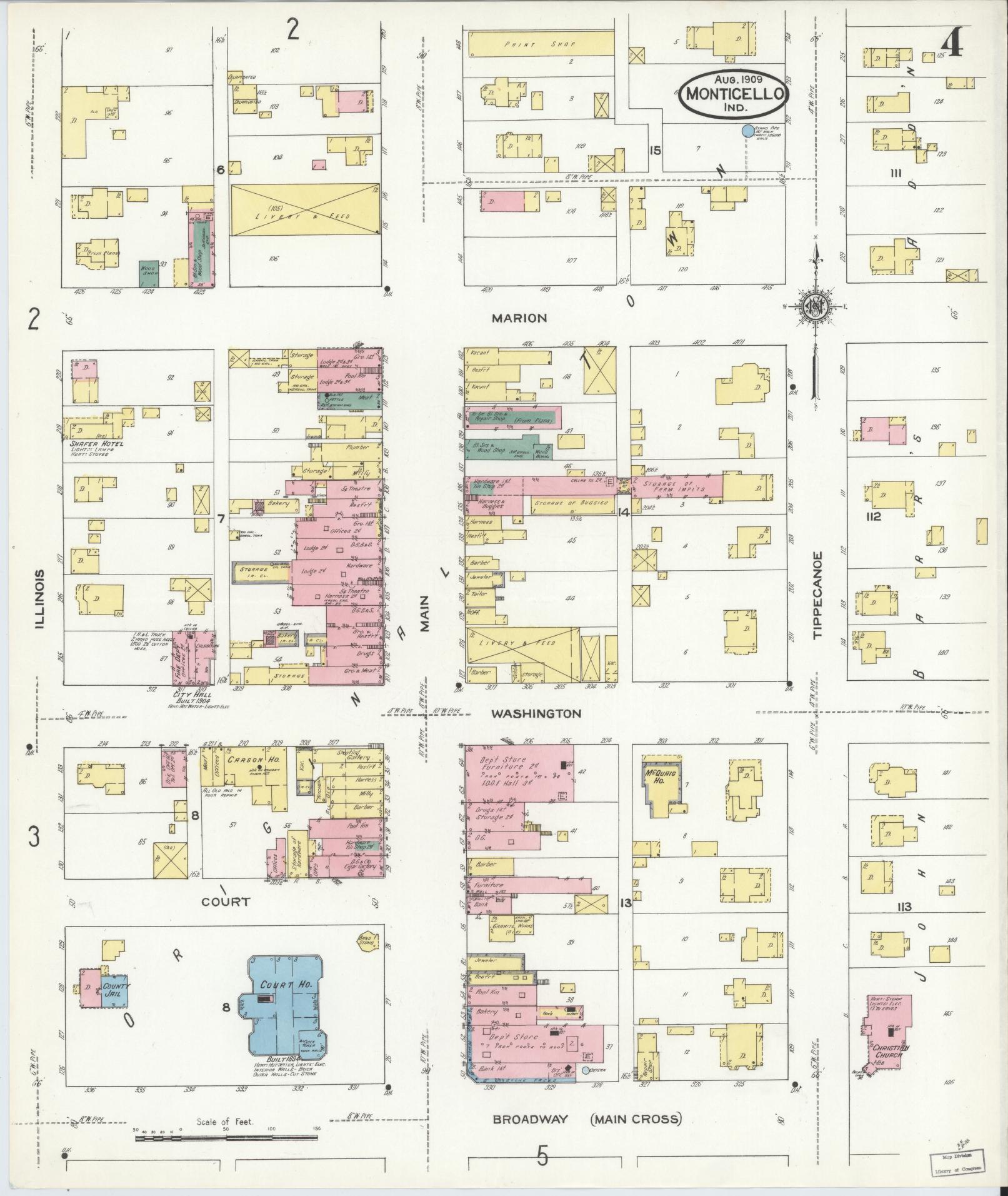 Sanborn Fire Insurance Map from Monticello, White County, Indiana (1909), Sheet #0004 - Complete Map Set gallery image, historic Sanborn map, vintage wall art, Indiana Indiana