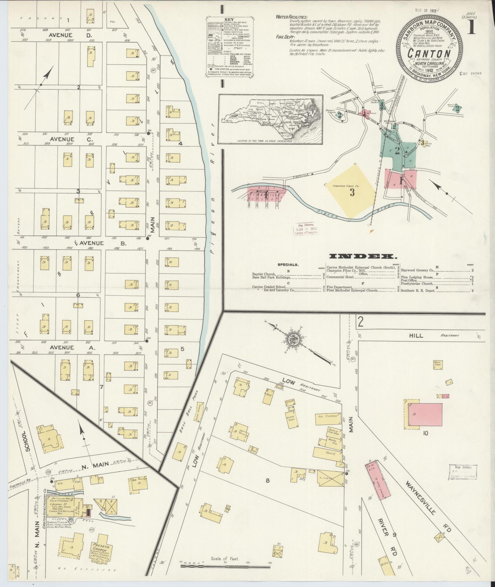 Sanborn Fire Insurance Map from Canton, Haywood County, North Carolina (1912), Sheet #0001 - Complete Map Set gallery image, historic Sanborn map, vintage wall art, North Carolina North Carolina