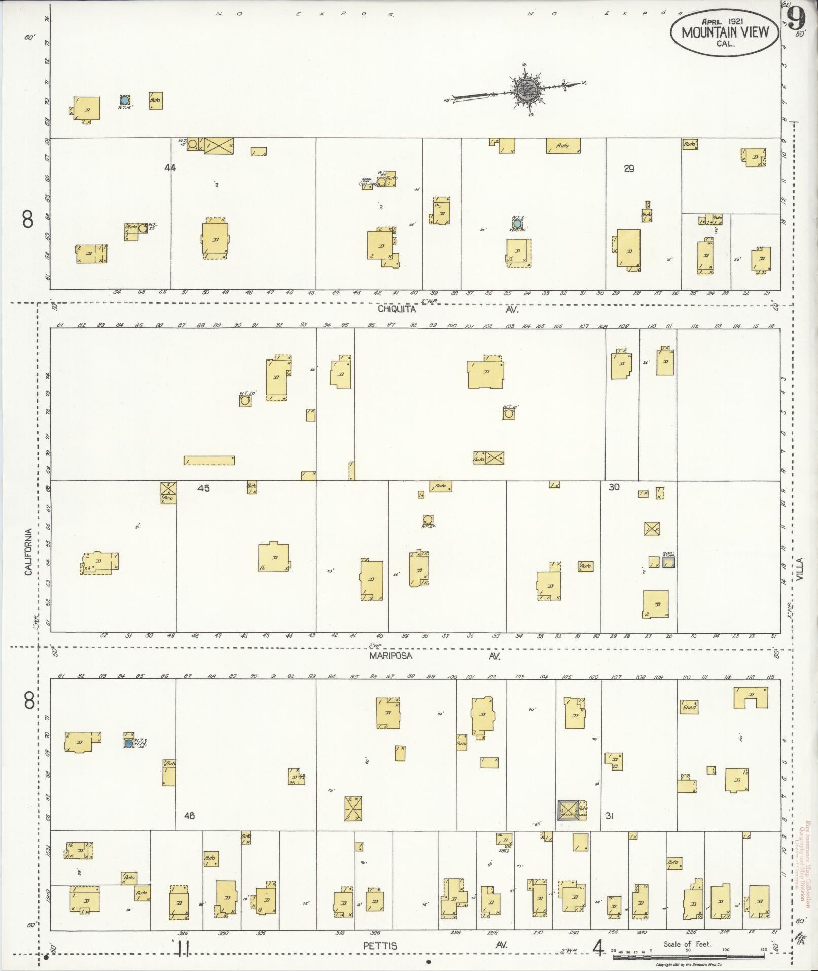 Sanborn Fire Insurance Map from Mountain View, Santa Clara County, California (1921), Sheet #0009 - Historic Sanborn Fire Insurance Map Print, vintage old map wall art, antique decor, genealogy gift, California California map