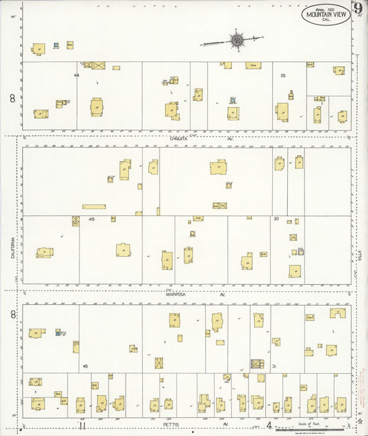 Sanborn Fire Insurance Map from Mountain View, Santa Clara County, California (1921), Sheet #0009 - Historic Sanborn Fire Insurance Map Print, vintage old map wall art, antique decor, genealogy gift, California California map