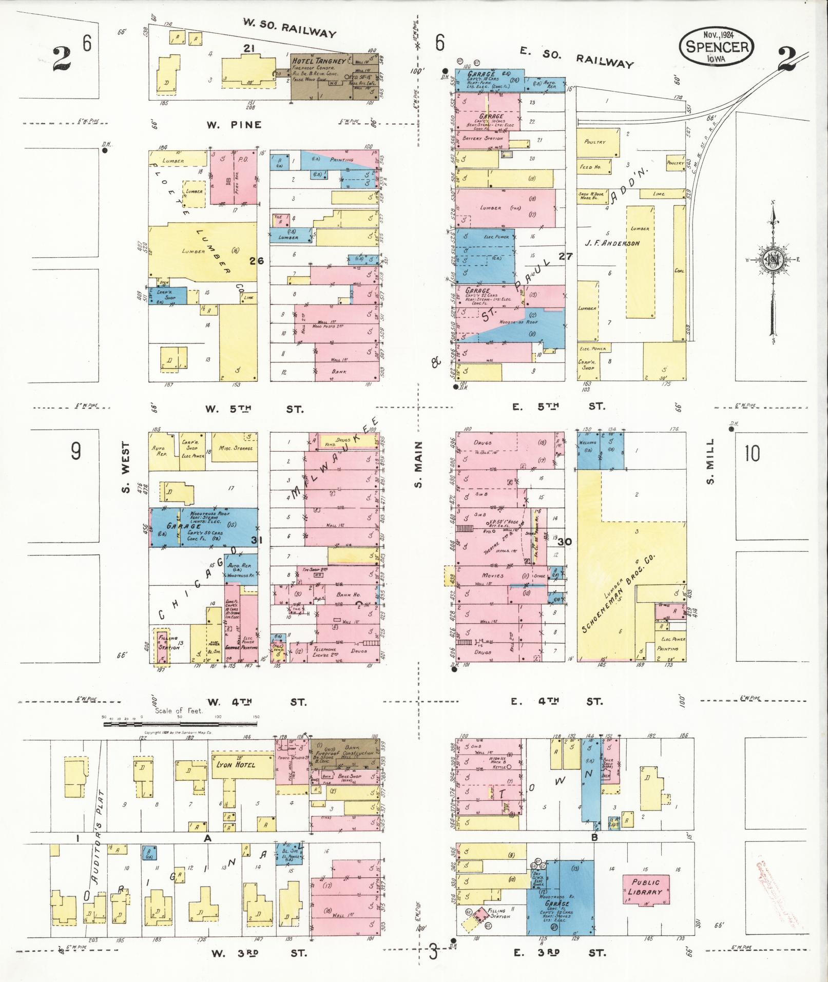 Sanborn Fire Insurance Map from Spencer, Clay County, Iowa (1924), Sheet #0002 - Historic Sanborn Fire Insurance Map Print, vintage old map wall art