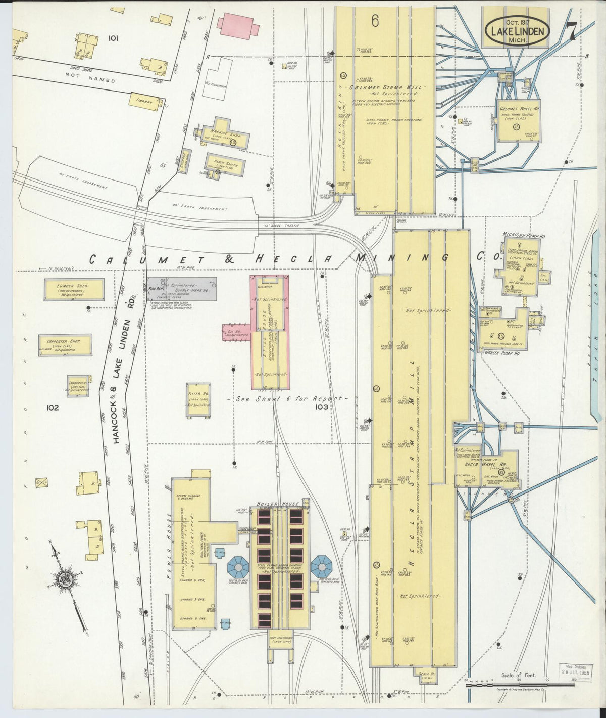 Sanborn Fire Insurance Map from Lake Linden, Houghton County, Michigan (1917), Sheet #0007 - Historic Sanborn Fire Insurance Map Print, vintage old map wall art, antique decor, genealogy gift, Michigan Michigan map