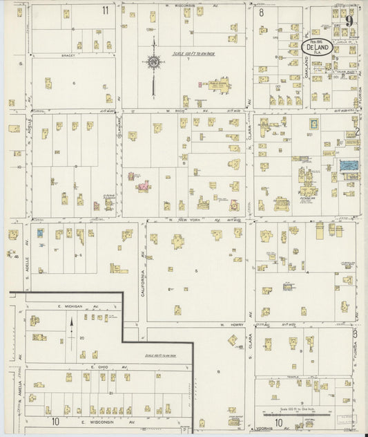 Sanborn Fire Insurance Map from De Land, Volusia County, Florida (1915), Sheet #0009 - Historic Sanborn Fire Insurance Map Print, vintage old map wall art, antique decor, genealogy gift, Florida Florida map