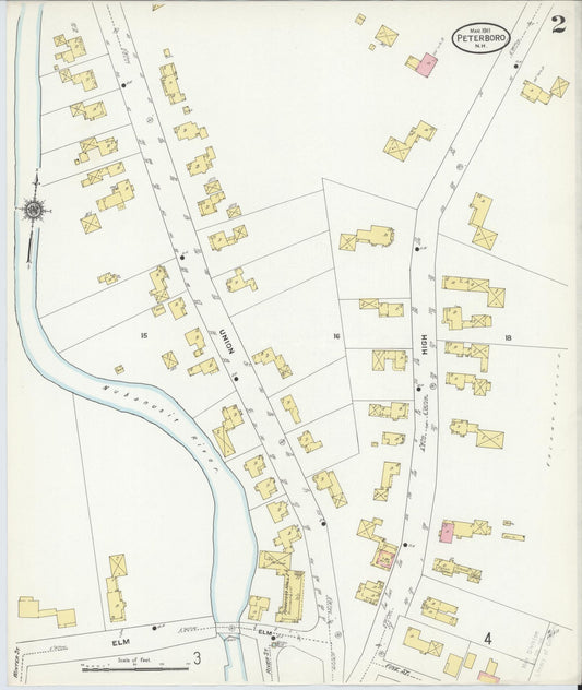 Sanborn Fire Insurance Map from Peterborough, Hillsborough County, New Hampshire (1911), Sheet #0002 - Historic Sanborn Fire Insurance Map Print, vintage old map wall art, antique decor, genealogy gift, New Hampshire New Hampshire map