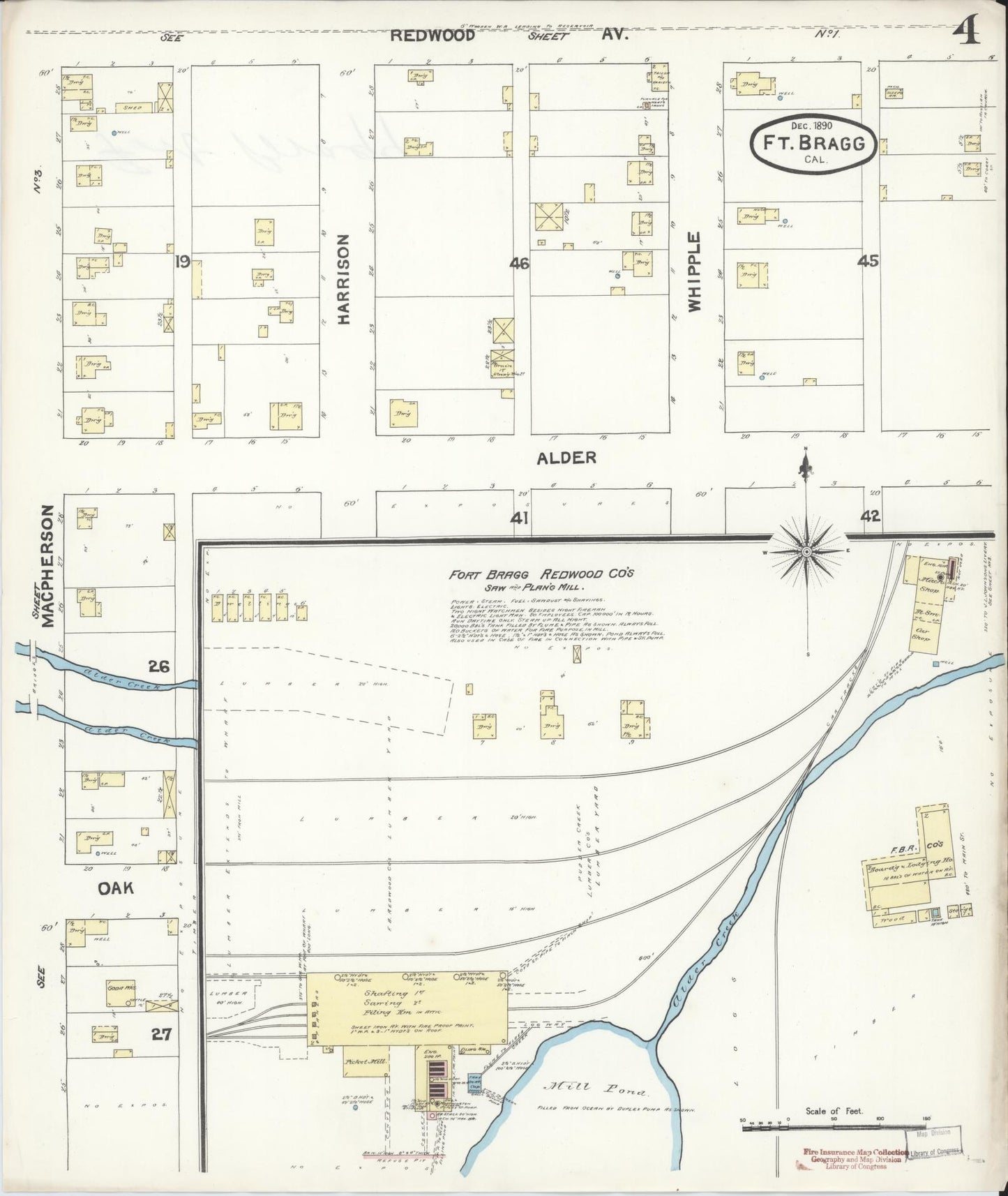 Sanborn Fire Insurance Map from Fort Bragg, Mendocino County, California (1890), Sheet #0004 - Historic Sanborn Fire Insurance Map Print, vintage old map wall art, antique decor, genealogy gift, California California map