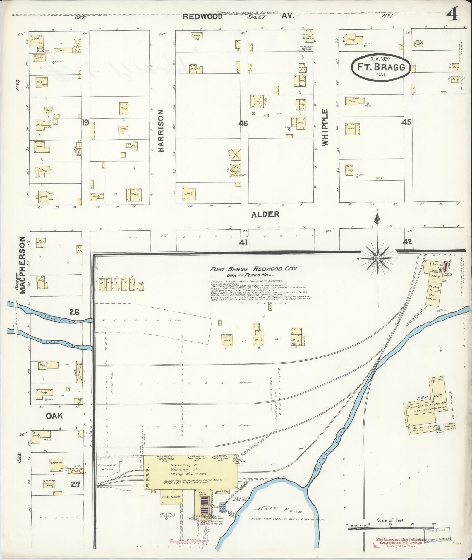 Sanborn Fire Insurance Map from Fort Bragg, Mendocino County, California (1890), Sheet #0004 - Historic Sanborn Fire Insurance Map Print, vintage old map wall art, antique decor, genealogy gift, California California map