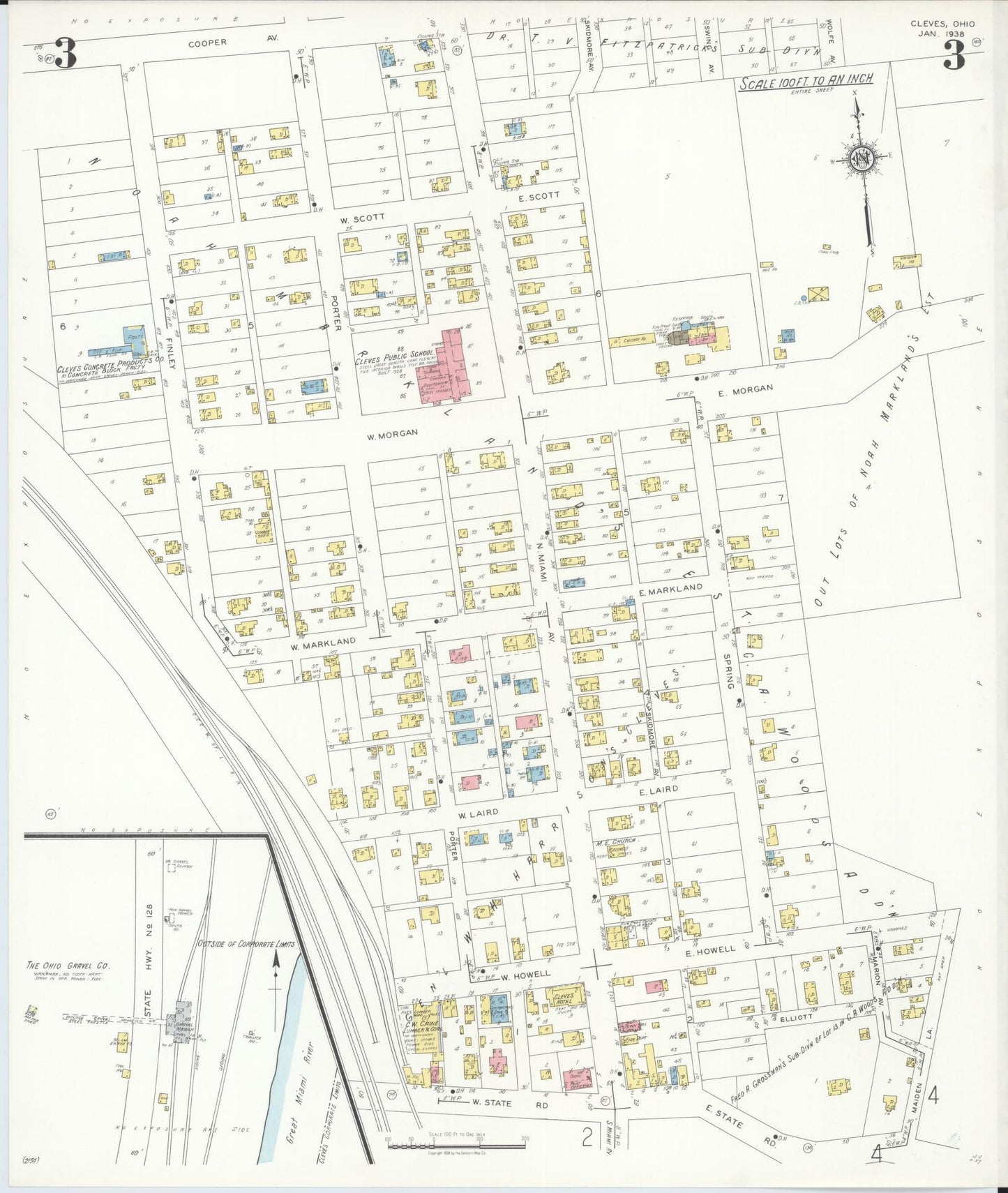 Sanborn Fire Insurance Map from Cleves, Hamilton County, Ohio (1938), Sheet #0003 - Historic Sanborn Fire Insurance Map Print, vintage old map wall art, antique decor, genealogy gift, Ohio Ohio map