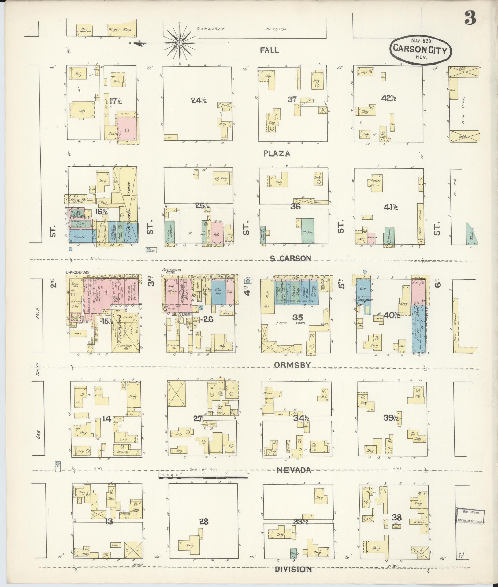 Sanborn Fire Insurance Map from Carson City, Carson City County, Nevada (1890), Sheet #0003 - Complete Map Set gallery image, historic Sanborn map, vintage wall art, Nevada Nevada