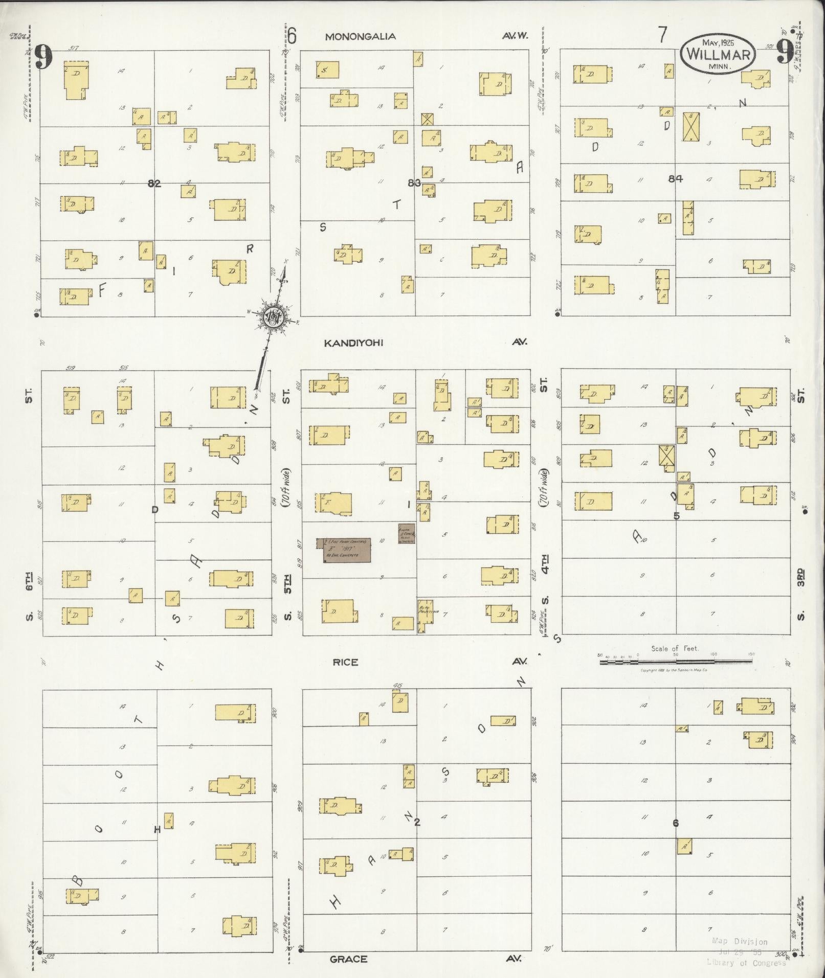 Sanborn Fire Insurance Map from Willmar, Kandiyohi County, Minnesota (1925), Sheet #0009 - Complete Map Set gallery image, historic Sanborn map, vintage wall art, Minnesota Minnesota