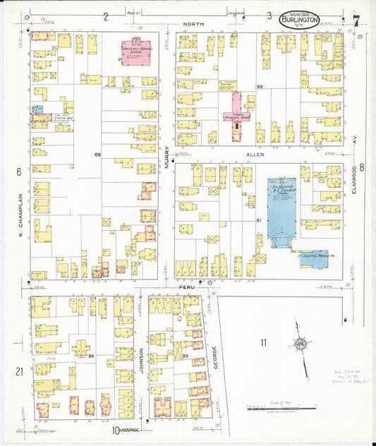 Sanborn Fire Insurance Map from Burlington, Chittenden County, Vermont (1919), Sheet #0007 - Historic Sanborn Fire Insurance Map Print, vintage old map wall art, antique decor, genealogy gift, Vermont Vermont map