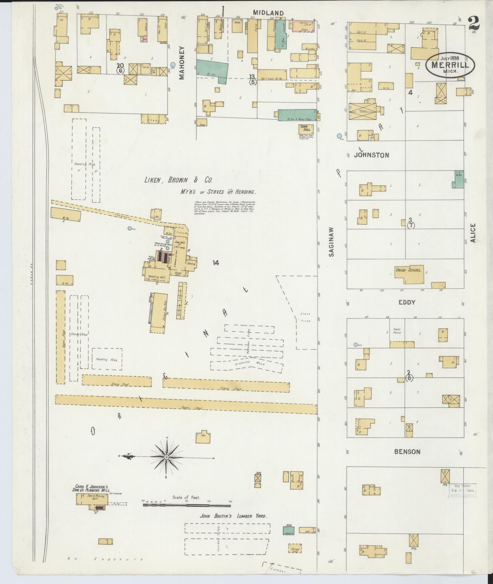 Sanborn Fire Insurance Map from Merrill, Saginaw County, Michigan (1899), Sheet #0002 - Complete Map Set gallery image, historic Sanborn map, vintage wall art, Michigan Michigan
